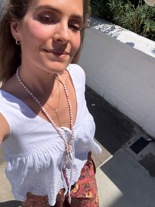 Peruvian Pink Opal Beaded Lariat Necklace with Ruby Fringe & 9K Gold
