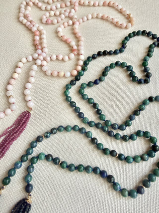 Peruvian Pink Opal Beaded Lariat Necklace with Ruby Fringe & 9K Gold