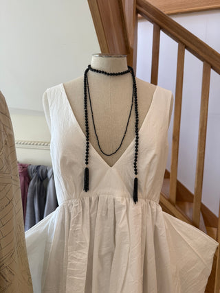 Black Onyx Beaded Lariat Necklace with Spinel Fringe & 9K Gold