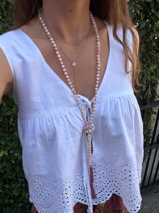 Peruvian Pink Opal Beaded Lariat Necklace with Ruby Fringe & 9K Gold