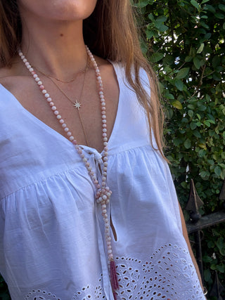 Peruvian Pink Opal Beaded Lariat Necklace with Ruby Fringe & 9K Gold