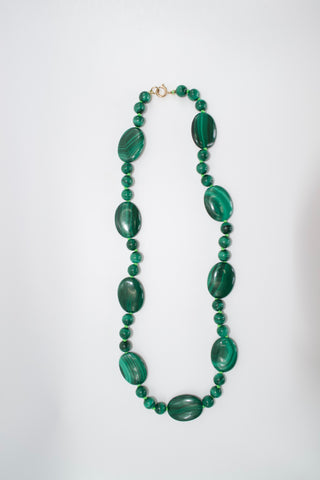Ravello Malachite Necklace, graduated malachite beads on lime green thread with a 9k gold bolt ring clasp.