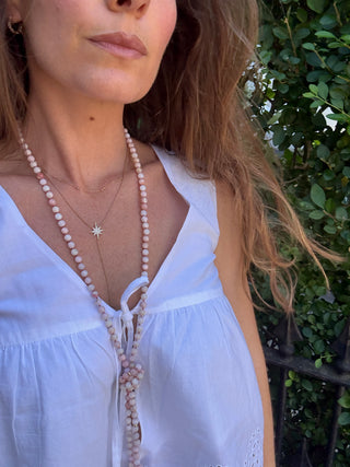 Peruvian Pink Opal Beaded Lariat Necklace with Ruby Fringe & 9K Gold