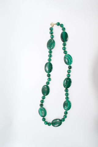 Ravello Malachite Necklace, graduated malachite beads on lime green thread with a 9k gold bolt ring clasp.