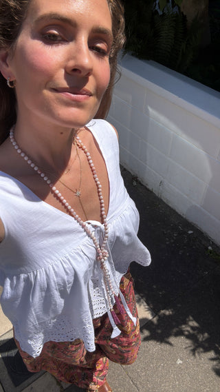 Peruvian Pink Opal Beaded Lariat Necklace with Ruby Fringe & 9K Gold