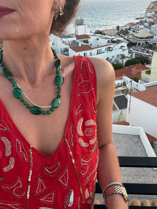 Ravello Malachite Necklace, graduated malachite beads on lime green thread with a 9k gold bolt ring clasp.