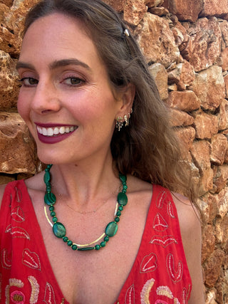 Ravello Malachite Necklace, graduated malachite beads on lime green thread with a 9k gold bolt ring clasp.