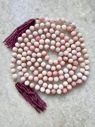 Peruvian Pink Opal Beaded Lariat Necklace with Ruby Fringe & 9K Gold