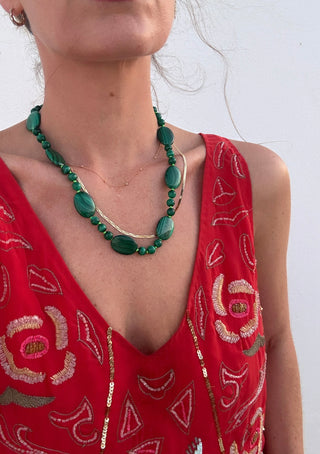 Ravello Malachite Necklace, graduated malachite beads on lime green thread with a 9k gold bolt ring clasp.