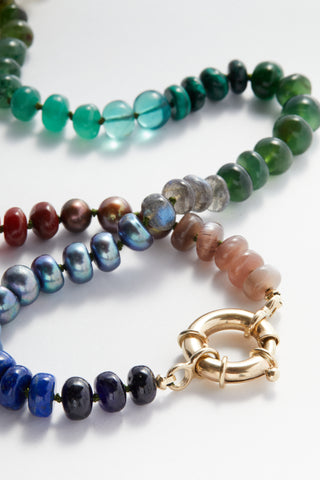 Rich Forest Rainbow Gemstone Necklace knotted on silk with solid gold bolt ring clasp