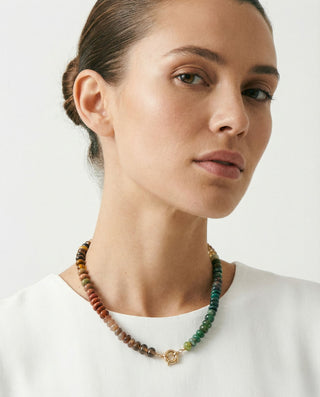 Sorsa fall jewellery rainbow gemstone necklace on model with white t shirt