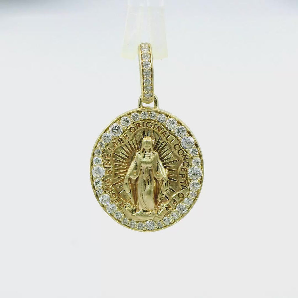 Gold and diamond miraculous Medal rotating. religious charm 