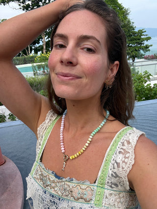 pastel rainbow necklace worn my jorsa jewellery founder
