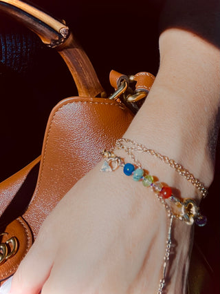 Aaron's Breastplate bracelet with twelve gemstones hand-knotted on silk, vintage gold chain and diamond charm.