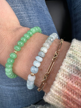 Angelite stretch bracelet with 14k gold bead, waterproof stretchy design.