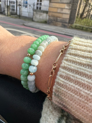 Angelite stretch bracelet with 14k gold bead, waterproof stretchy design.