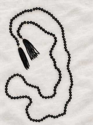 Black onyx beaded fringe wrap necklace with spinel and 9k gold, by Sorsa Jewellery.