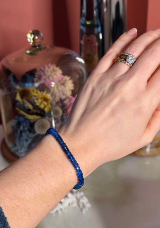 Blue Spinel stretch bracelet, semi-precious blue spinel beads with a 14k gold bead.