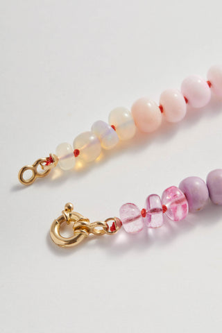 Blushing Rainbow bracelet in opal and pink topaz, hand-knotted silk with a 14k gold clasp.