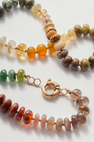 Bryce Canyon Rainbow gemstone necklace, hand-knotted on silk with a 9k gold bolt clasp.