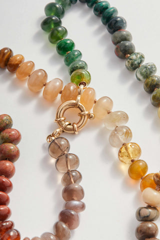 Bryce Canyon Rainbow gemstone necklace, hand-knotted on silk with a 9k gold bolt clasp.