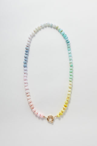 Candy Gemstone Rainbow necklace in opal, hand-knotted on silk with a 9k gold bolt clasp.