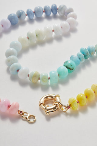 Candy Gemstone Rainbow necklace in opal, hand-knotted on silk with a 9k gold bolt clasp.