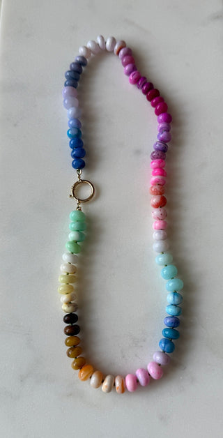 Candy Rainbow necklace, opal gemstones knotted on silk with a 9k gold bolt ring clasp.