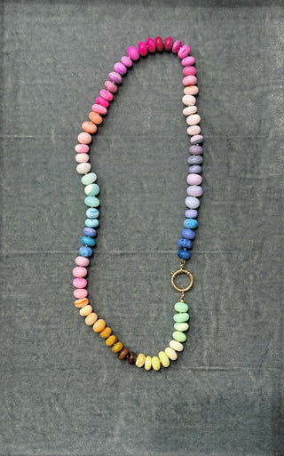 Candy Rainbow necklace, opal gemstones knotted on silk with a 9k gold bolt ring clasp.