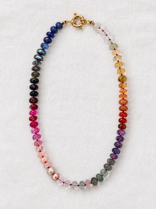 Celestial Andromeda Beaded Gemstone Necklace by Sorsa Jewellery, midnight blue, milky white and clear gemstones hand-knotted on silk with a 9k gold bolt ring.