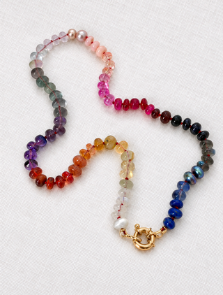 Andromeda celestial beaded necklace in sapphire, lapis lazuli, labradorite and pearl with 9k gold, by Sorsa Jewellery.