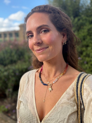 Celestial Andromeda Beaded Gemstone Necklace by Sorsa Jewellery, midnight blue, milky white and clear gemstones with warm flashes, hand-knotted on silk with a 9k gold bolt ring.