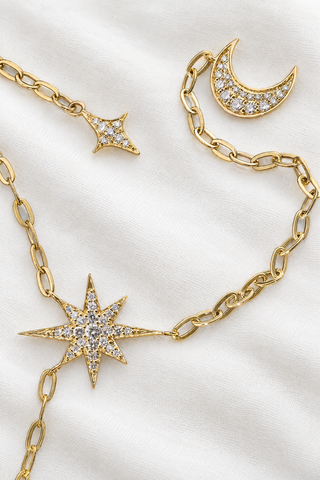 9k gold diamond star and moon drop necklace, the Celestial Moon Drop by Sorsa Jewellery.