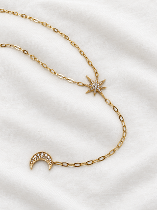 Celestial Moon Drop diamond necklace in 9k gold, by Sorsa Jewellery.