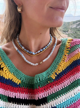 Cloudy Skies Opal Choker, blue opal beads on silk with a 14k gold diamond heart clasp.