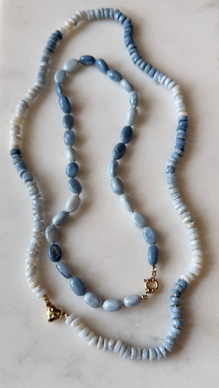 Cloudy Skies Opal Choker, blue opal beads on silk with a 14k gold diamond heart clasp.