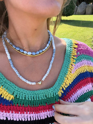 Cloudy Skies Opal Choker, blue opal beads on silk with a 14k gold diamond heart clasp.
