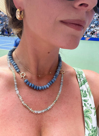 Deep Sea Opal necklace, Peruvian opal gemstones knotted on silk with a 9k gold bolt clasp.