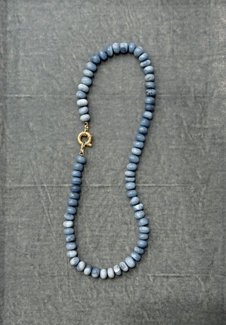 Deep Sea Opal necklace, Peruvian opal gemstones knotted on silk with a 9k gold bolt clasp.
