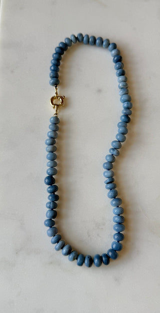 Deep Sea Opal necklace, Peruvian opal gemstones knotted on silk with a 9k gold bolt clasp.