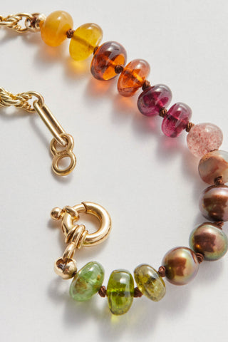 Desert Sunset bracelet, vintage 9ct gold trombone chain paired with hand-knotted gemstones.