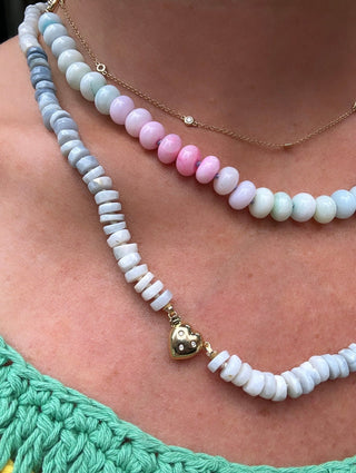 Diamond Sweetheart necklace, faceted Peruvian opals on silk with a 14k gold diamond heart clasp.