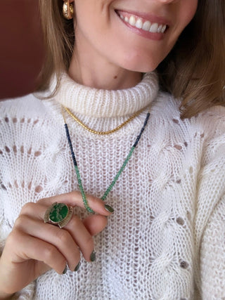 Gold, Emerald & Sapphire Colour Block necklace, gemstones knotted on silk with a 9k gold chain.