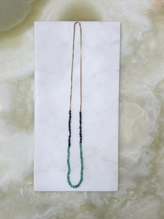 Gold, Emerald & Sapphire Colour Block necklace, gemstones knotted on silk with a 9k gold chain.