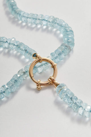 Faceted Aquamarine necklace, hand-knotted aquamarine beads on silk with a 14k gold bolt clasp.
