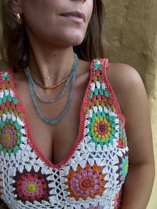 Faceted Aquamarine necklace, hand-knotted aquamarine beads on silk with a 14k gold bolt clasp.