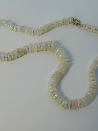 Graduated Opal Heishi Necklace by Sorsa Jewellery, opal discs graduating from 5mm to 10mm with a 9k gold clasp.