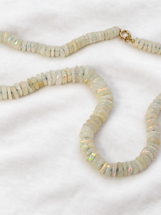 Opal heishi beaded necklace, October's birthstone, with 9k gold by Sorsa Jewellery.