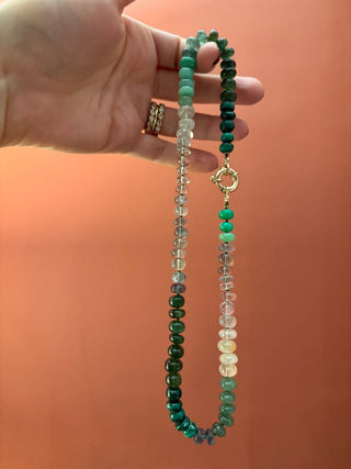 Green Rainbow necklace detail, moss and sage toned gemstones knotted on silk, Sorsa Jewellery collaboration with Matilda Goad