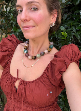 Harvest Moon Gemstone Collar by Sorsa Jewellery, faceted sandstone, tiger's eye and agate hand-knotted on silk with a vintage 9k gold clasp.